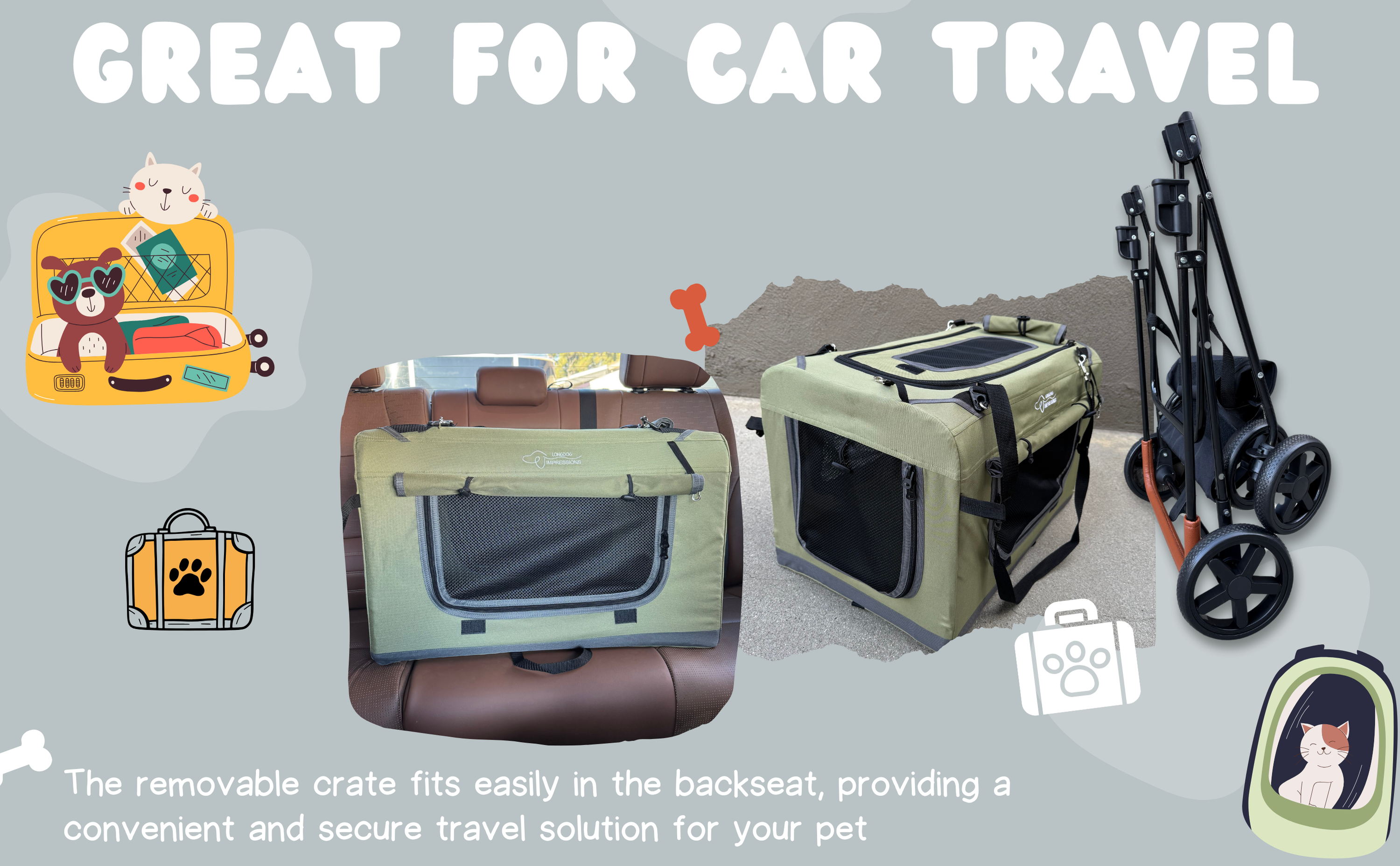 LONGDOG IMPRESSIONS Foldable Pet Travel Crate fitting car backseat 