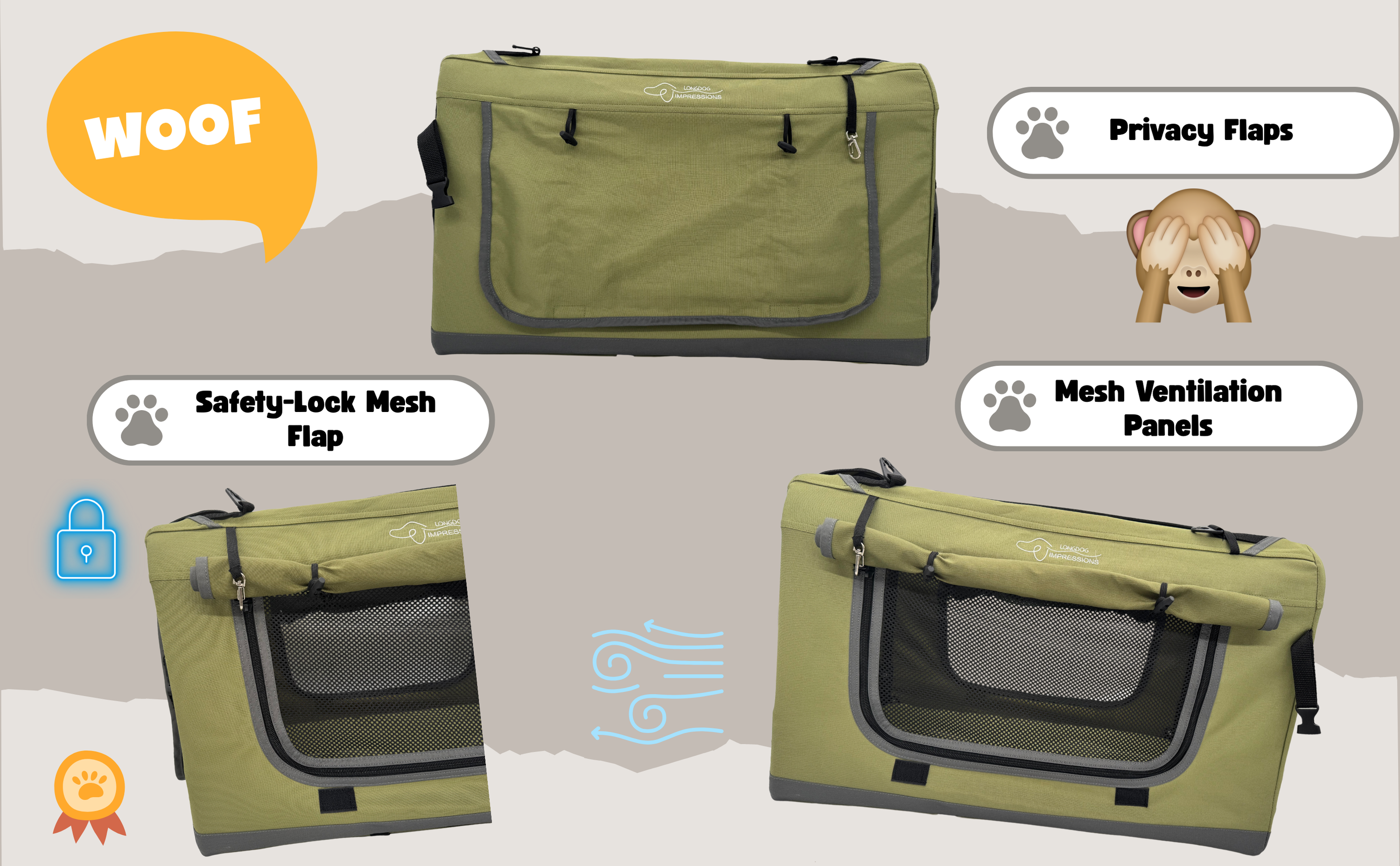 LONGOD IMPRESSIONS Collapsible Soft Crate privacy flaps & safety lock flap