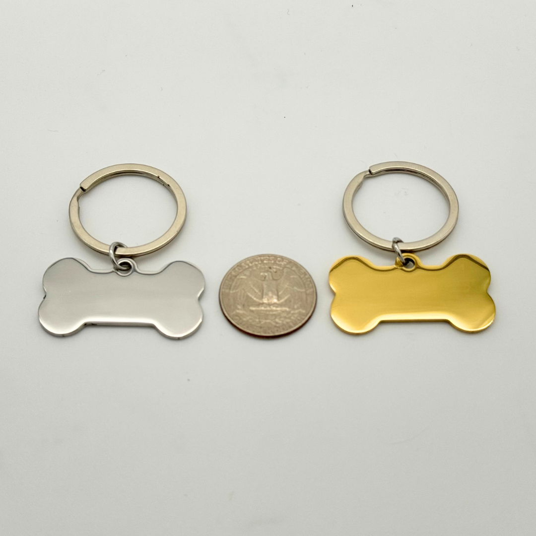 Blank Stainless steel and gold plated dog bone ID tag size comparison