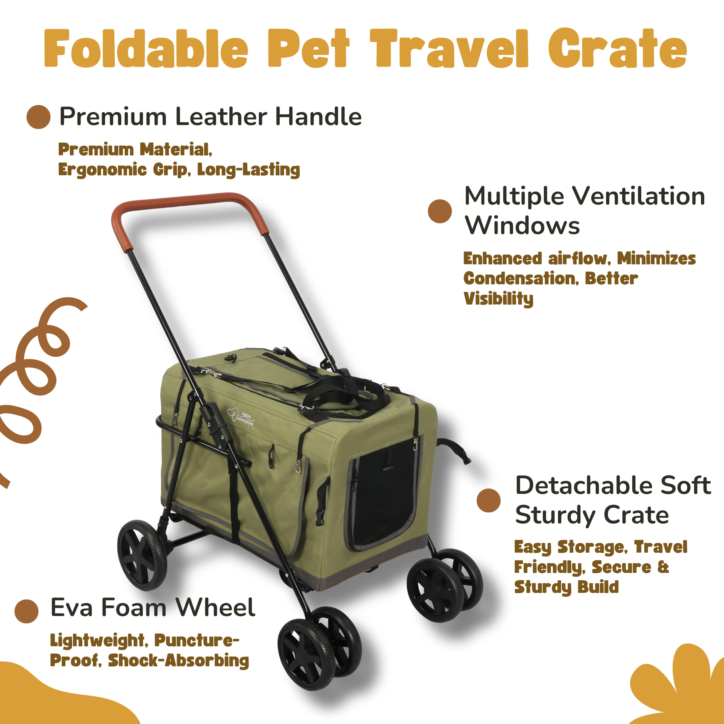 LONGDOG IMPRESSIONS Pet Foldable Travel Crate/Stroller highlight features