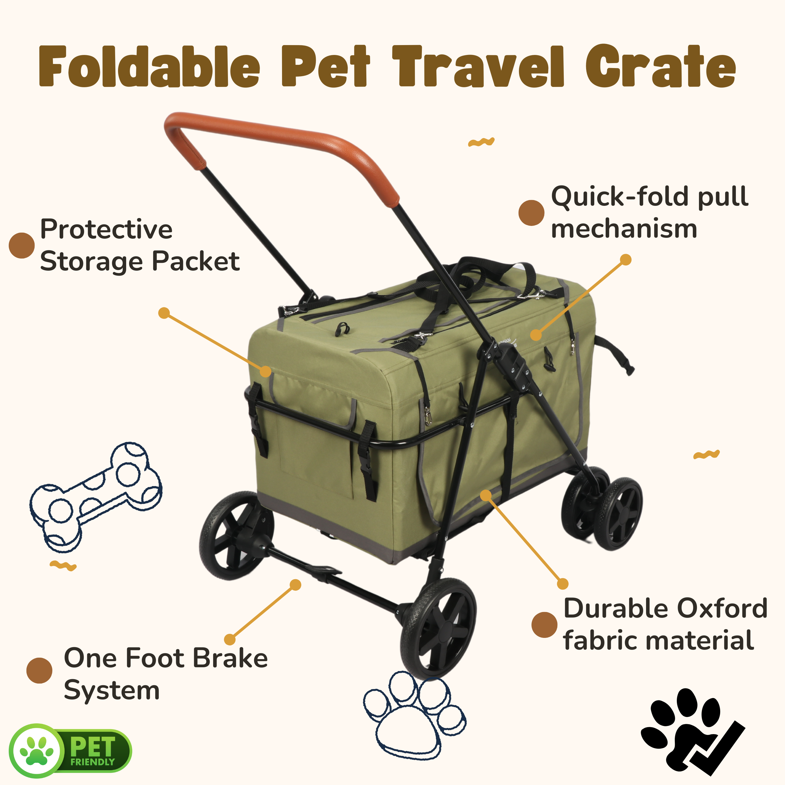 LONGDOG IMPRESSIONS Small Dog Stroller with one foot brake system, quick-fold mechanism and durable oxford cloth