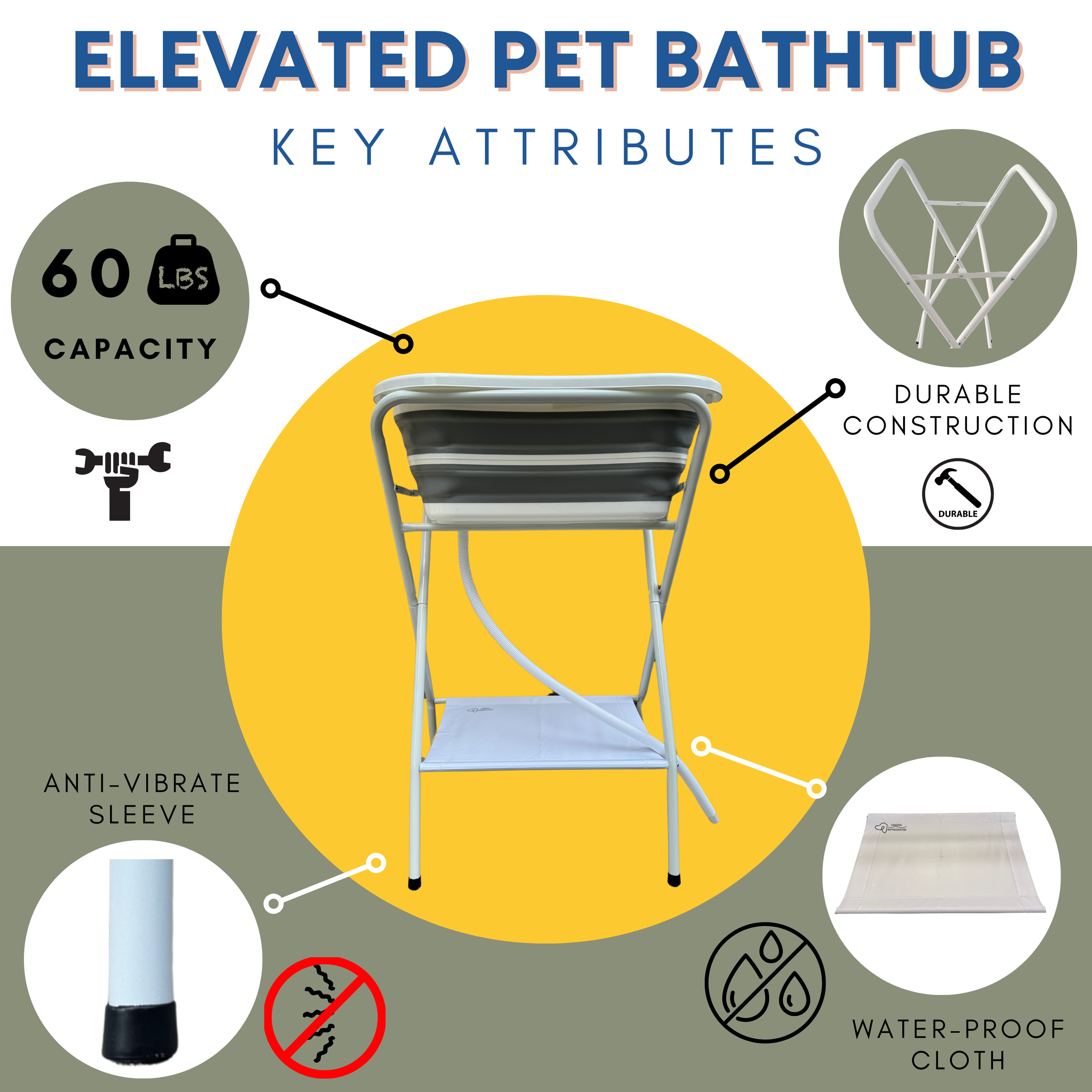 Elevated Pet Bathtub Key attributes with highlighted features