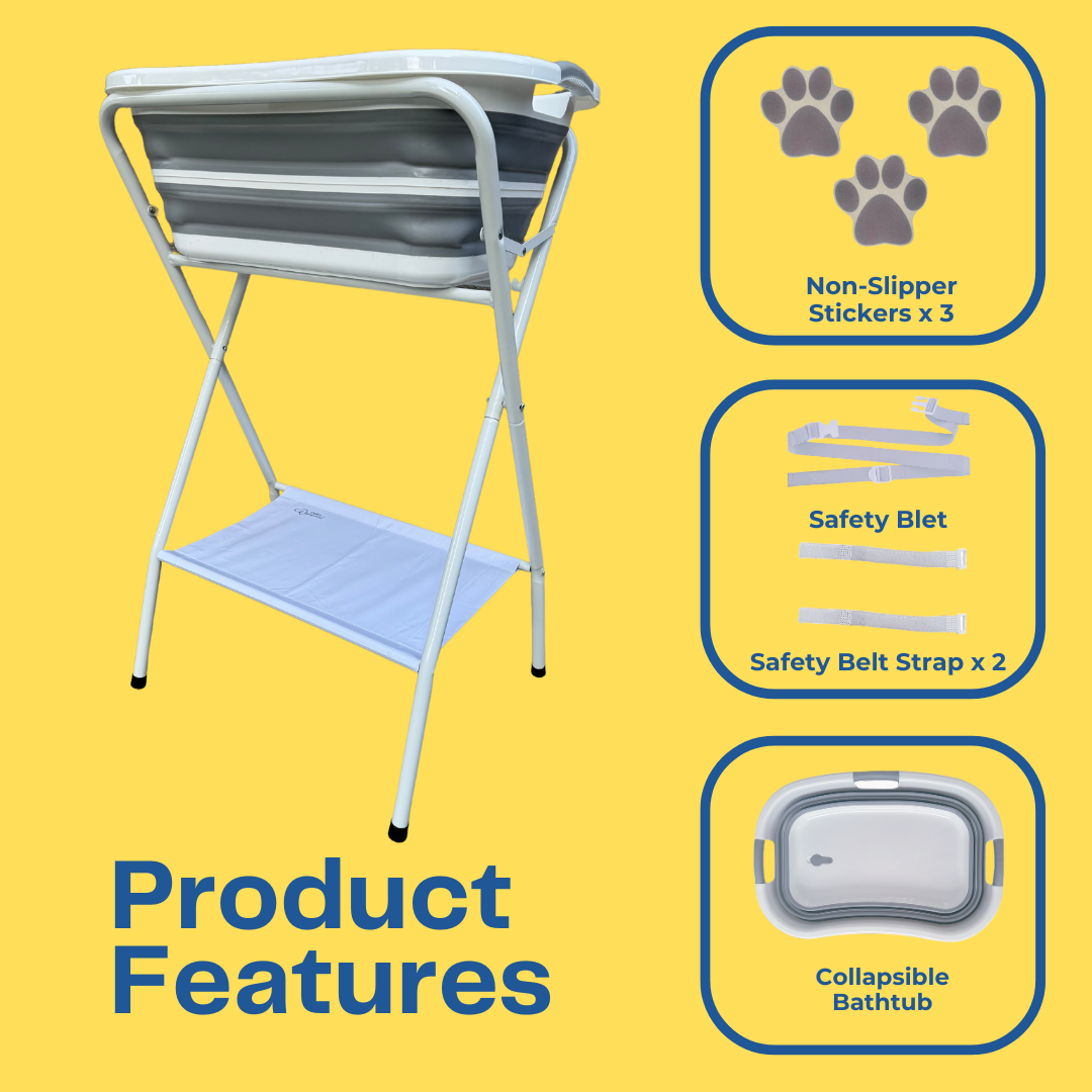 Foldable Pet Bathing Station with essential elements and product features