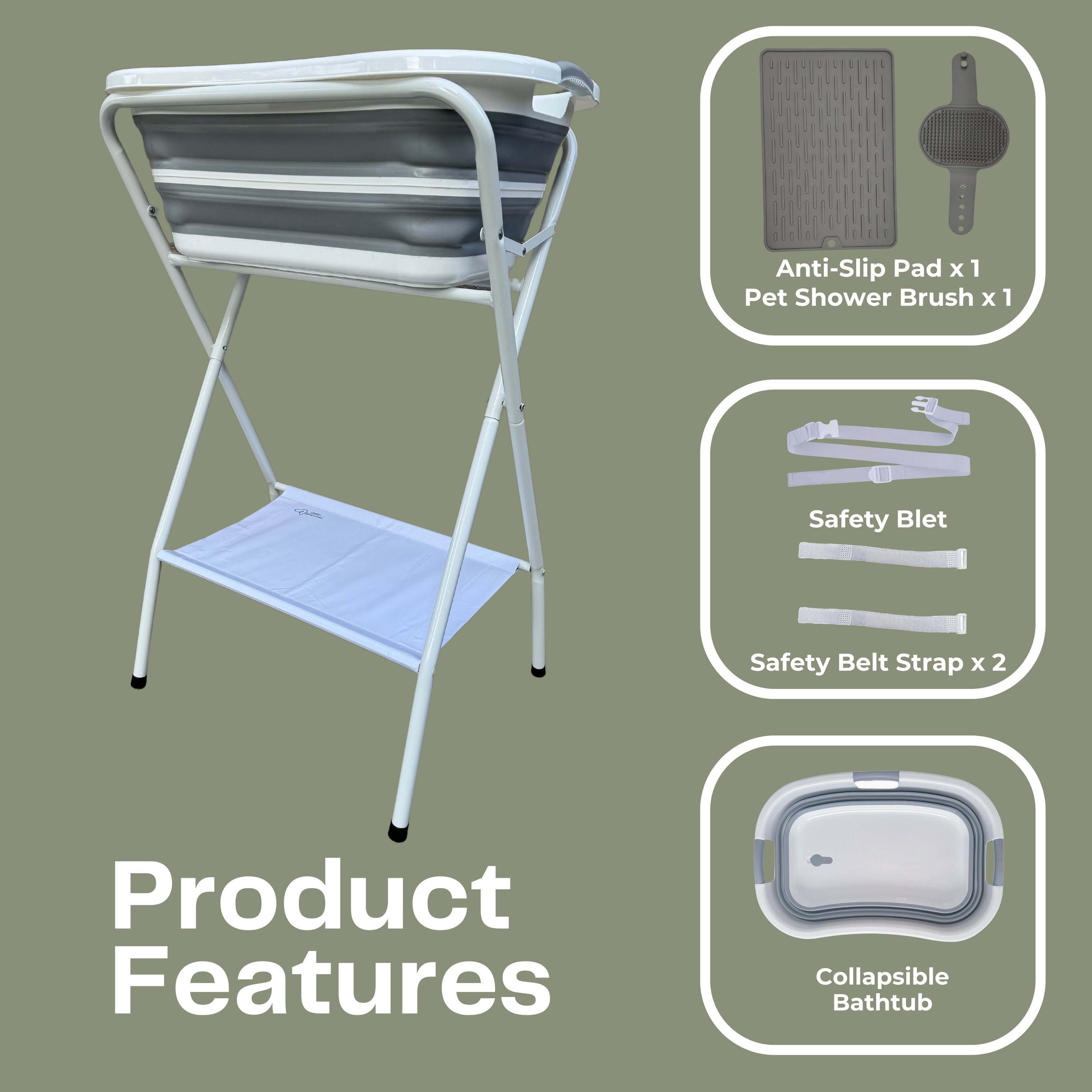 Foldable Pet Bathing Station with essential elements and product features