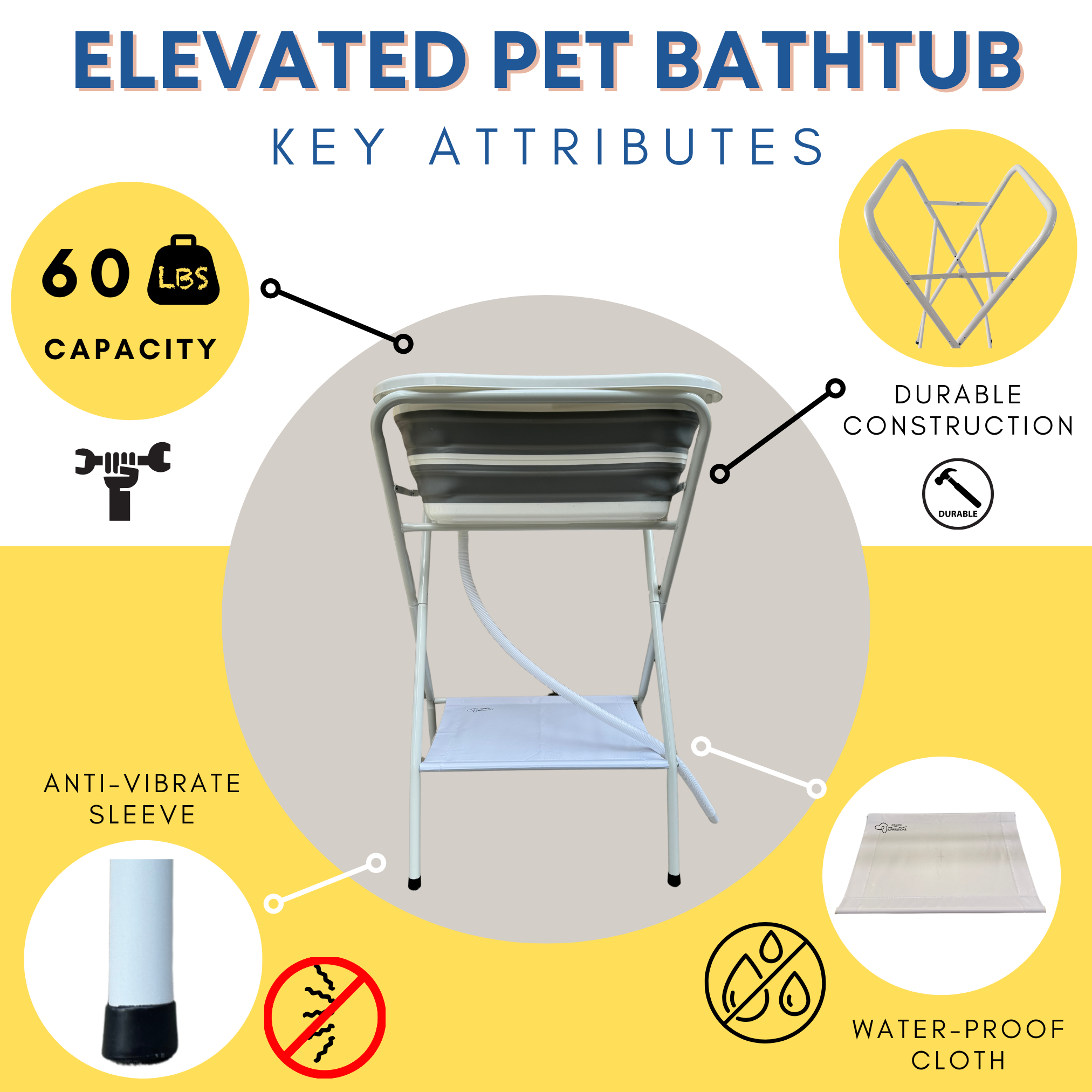 Elevated Pet Bathtub Key attributes with highlighted features